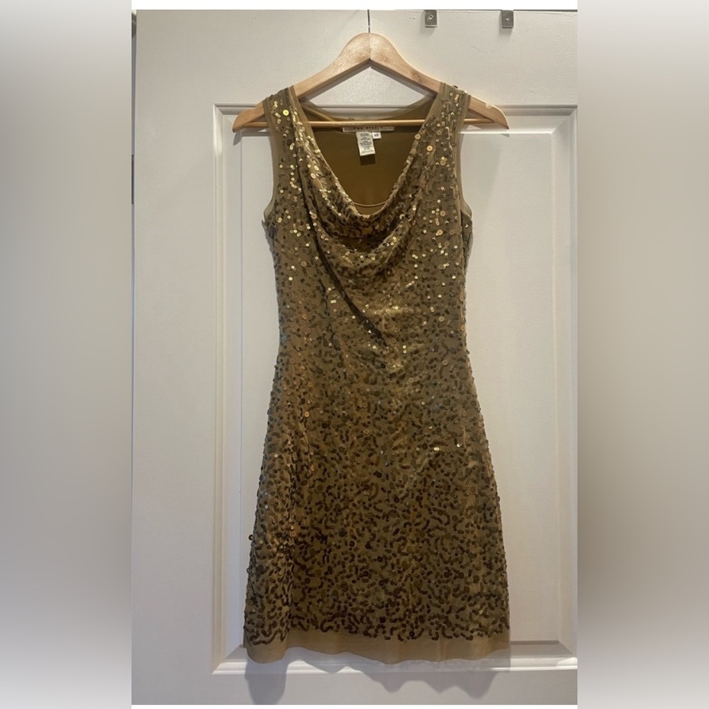 Max Studio, sequined, stretchy fabric, bodycon, cowl neck, mini dress